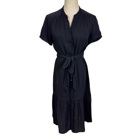 AYR The Kite Midi Dress Cotton Gauze Button Front Pom Pom Tiered Blk PLEASE READ - Picture 6 of 14